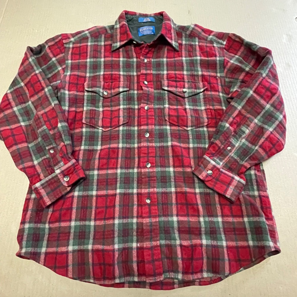 Vintage Pendleton Board Shirt Men's L Red Green Plaid Loop Collar Flap Pockets